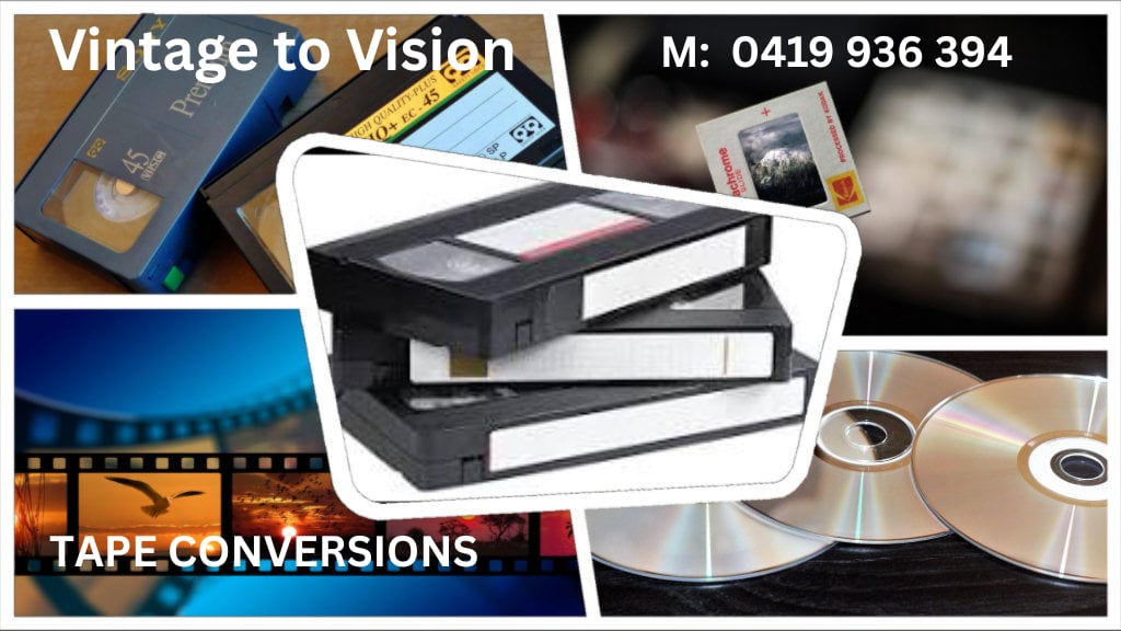 Vintage to Vision tape conversions banner with old tapes, slides and discs
